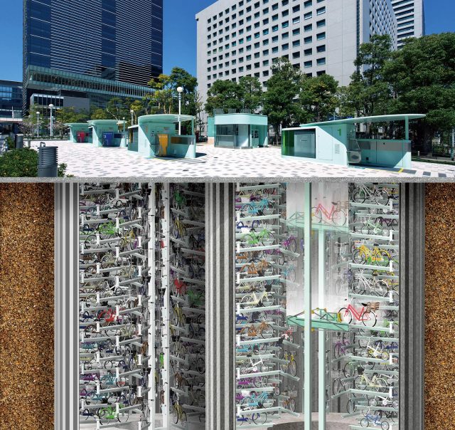 ECO Cycles, or anti-seismic underground bicycle-parking system, installed in Tokyo
